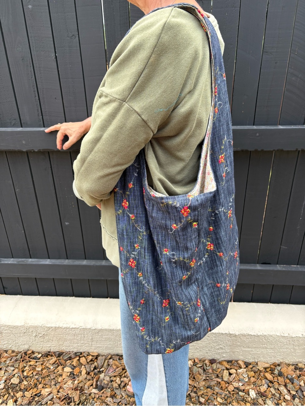 Upcycle Embroidered  Floral Denim  Sling Bag - Picture 6 of 6